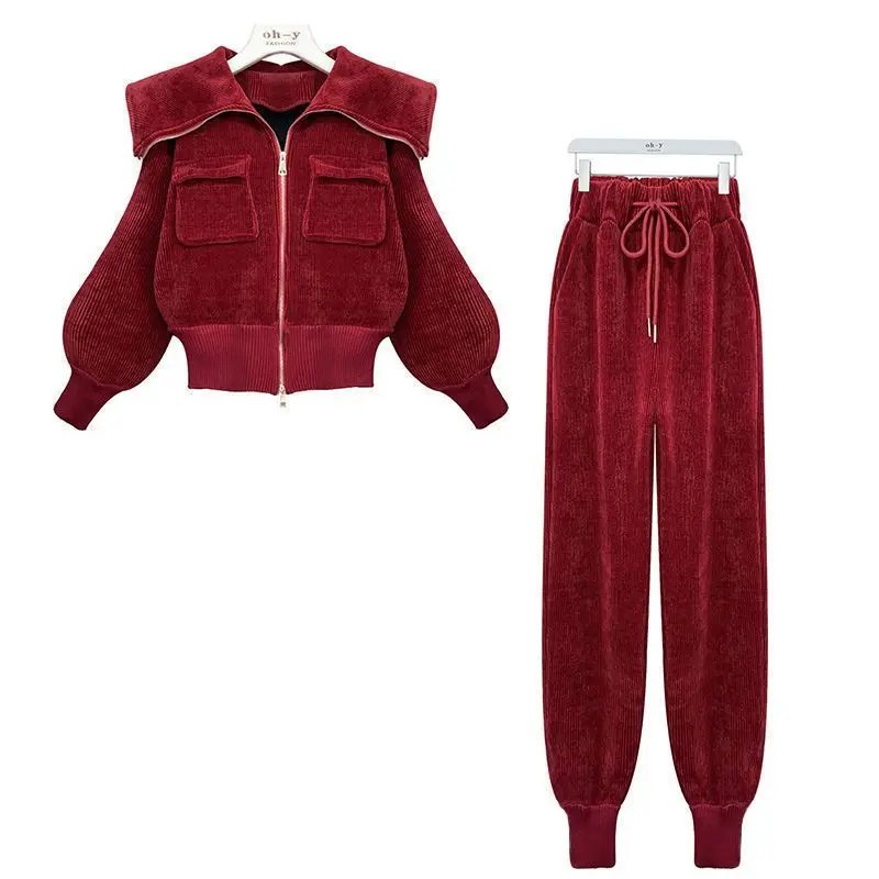 Winter Women Tracksuit Casual Corduroy Suit Jacket Coat Top And Pants Two Pieces Set Matching Outfits Fashion Sport Clothing