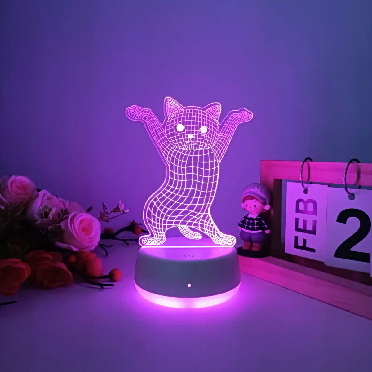 1pc Creative Cute Hand up Kitten 3D Seven Color Gradient Night Light, USB Powered Luminous Base, A Good Ideal Gift.