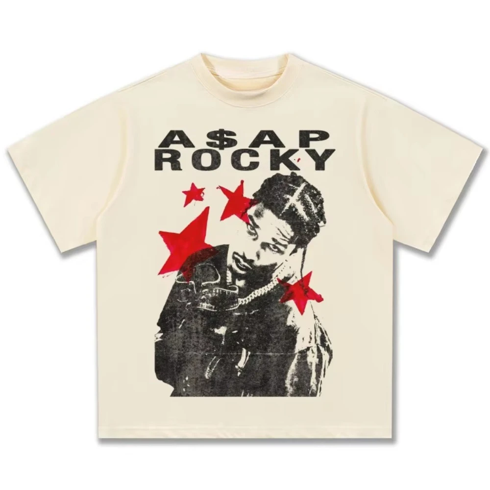 2026 New ASAP Rocky Red Stars Graphic T-Shirt Unisex Oversized Hip Hop Rapper Casual hort Sleeve Trendy Y2K Oversized For Daily