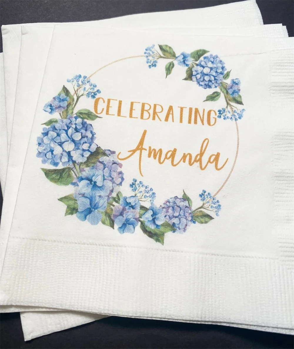 

50PCS Spring Bridal Shower Spring Hydrangea Floral Summer Wedding Bride to Be Personalized Cocktail, Luncheon or Dinner Napkins