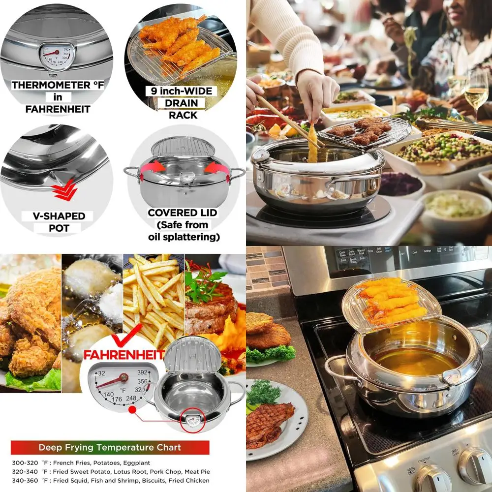 

Large 11 4.4 Qt Stainless Steel Frying Pot with Lid, Thermometer, and Drain Rack