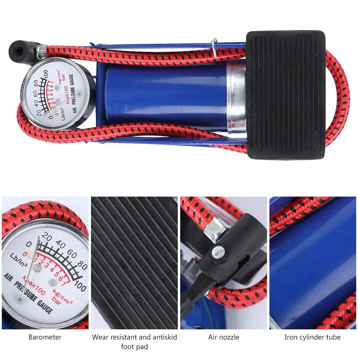 

1Pcs Lightweight Portable Bike Tire Floor Pump High-Pressure Foot Pump with Pressure Gauge Multi-Valve Inflator for Car