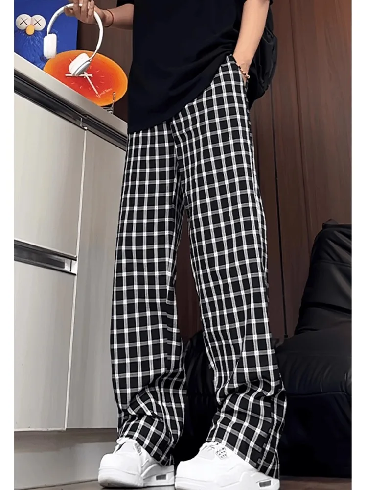Lightweight Summer Plaid Men's Casual Pants Loose Wide Leg Straight Cut American Cleanfit Comfortable Breathable Faionable