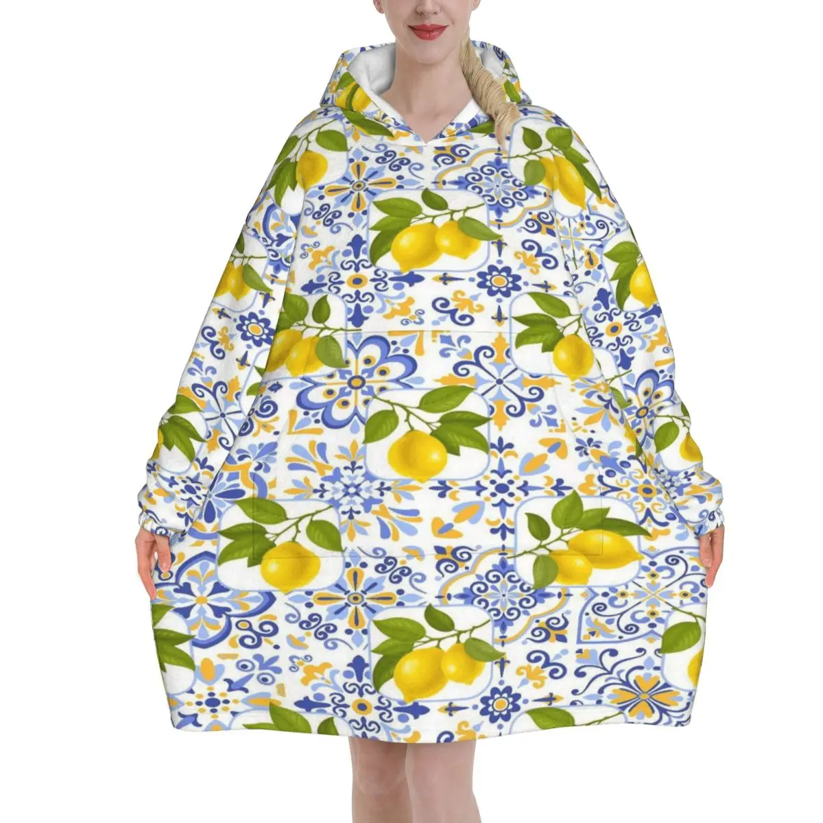 Lemon Sicily Rectangle Wearable Blanket Hoodie Blanket Sweatshirt Thick Fleece Hooded Blanket with Pocket