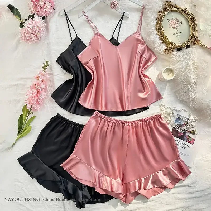 

Oversize Female Lingerie Pijamas Suit Sexy Cami Shorts Pajamas Set Home Clothes Summer New Ice Silk Sleepwear Pyjama Loungewear