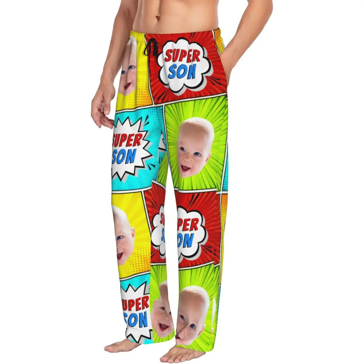 Men Super Son Custom Pajama Pants Personalized Print Your Photo Sleepwear Sleep Lounge Bottoms with Pockets