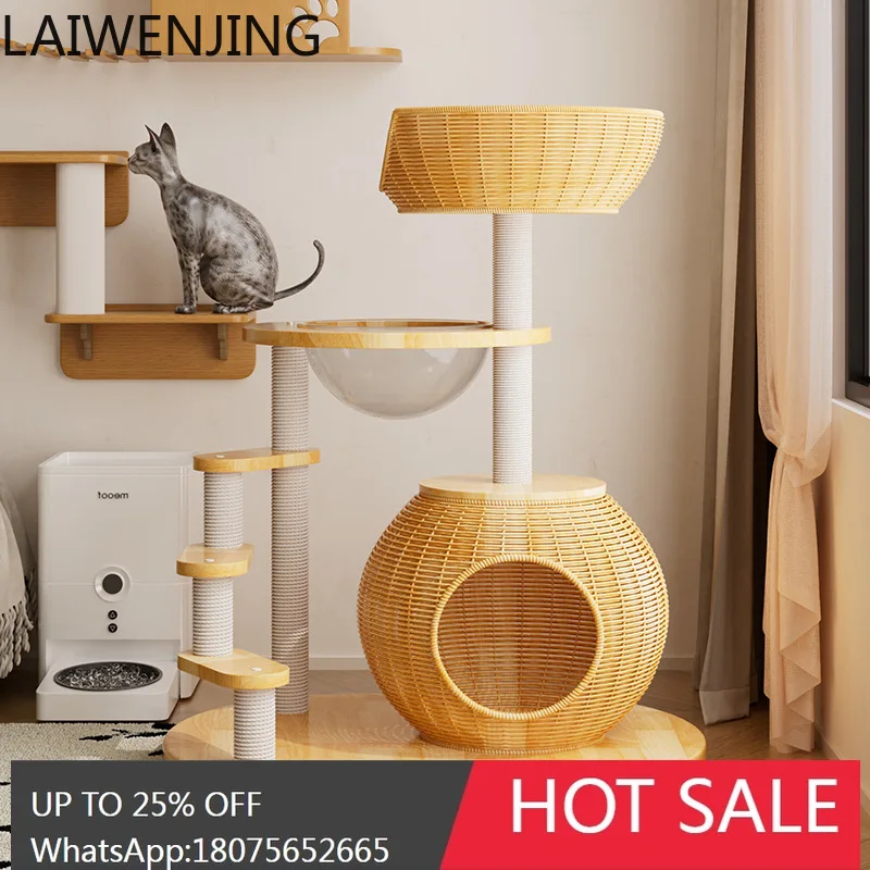 HLZ Small Solid Wood Rattan Cat Climbing Frame for Home Use, Space-Saving Integrated Cat Bed for Small Apartments