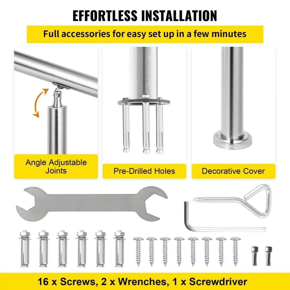 Durable Stainless Steel Handrail - 551LBS Load, 32x34 for outdoor Steps, Adjustable 0-90°, Includes Screw Kit