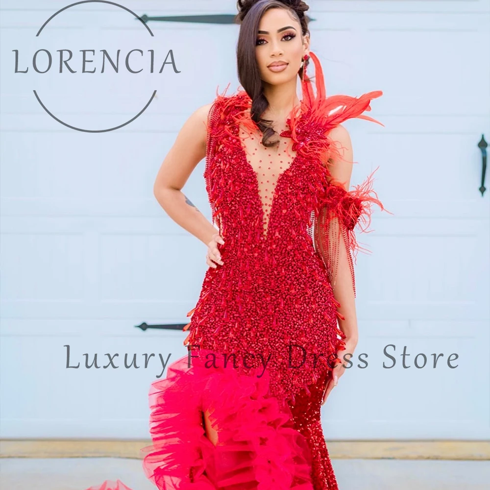 

Luxury Crystal Ornaments Prom Dresses Tulle Pleats Mermaid Wedding Party Gowns Customized Side Slit vestidos de cerimônia