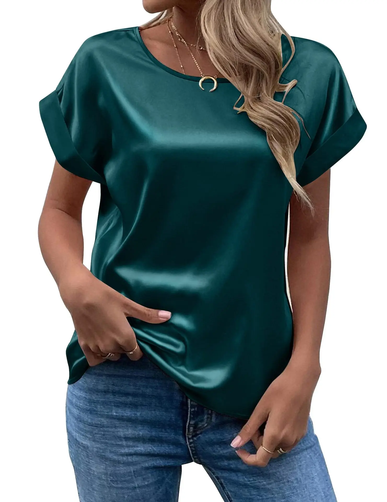 Spring and Summer New Women\'s Short Sleeve Satin Shirt Loose Casual Round Neck Colored Ding T-shirt Women