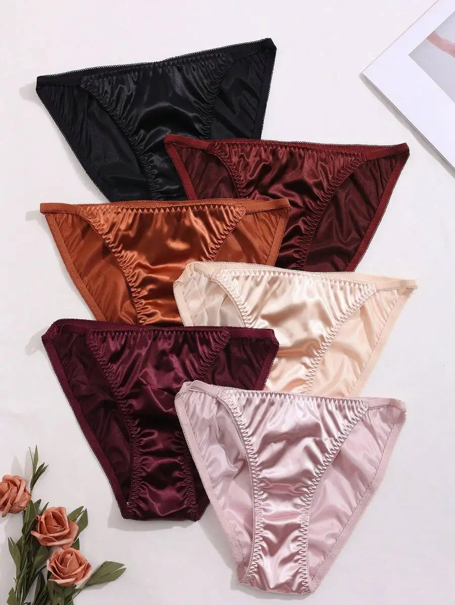 

6pcs Women Solid Color Shiny Satin Pleated Briefs Comfortable High Waist Underwear