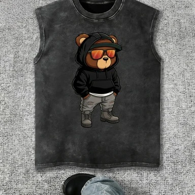 Sunshield trend bear print design, high saturation contrasting colors, sleeveless, cartoon hoodie with bear print