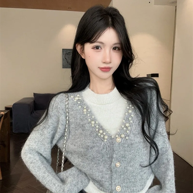 الخريف الشتاء المرأة فضفاضة V-Ne محبوك سترة Thiened طويلة Sve قاعدة طبقة irt لينة مريحة Sle وهمية تصميم قطعتين