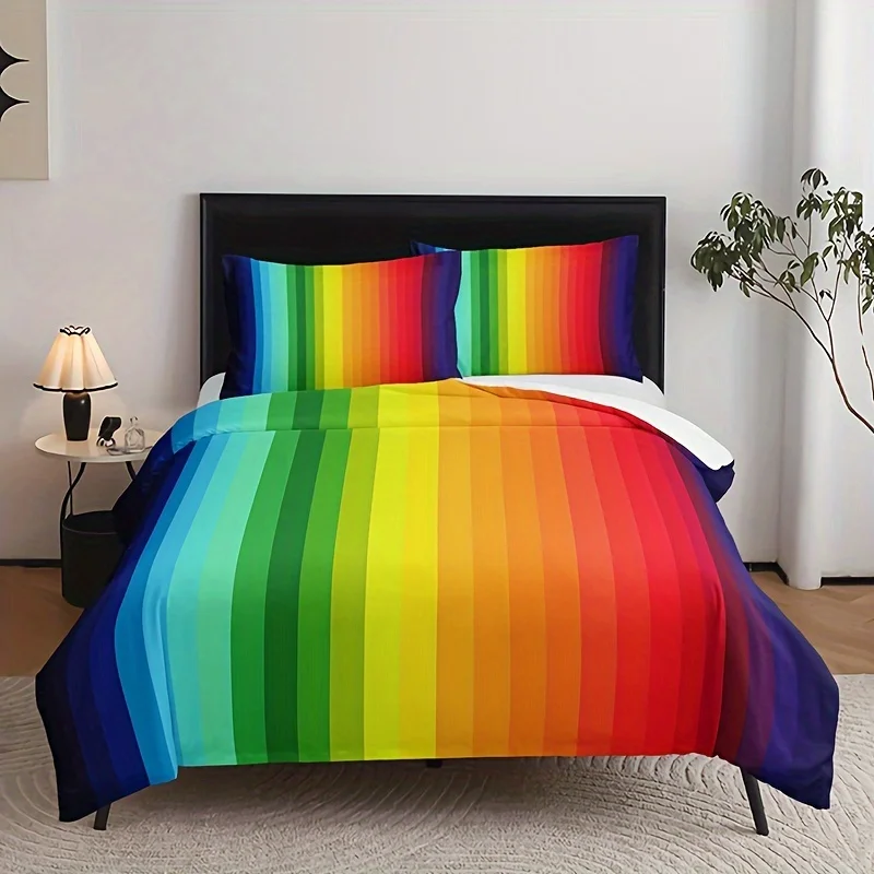 3pcs Fashion Duvet Cover Set, Rainbow Striped Print Bedding Set, Soft Comfortable Duvet Cover, For Bedroom, Guest Room (1*Duvet 