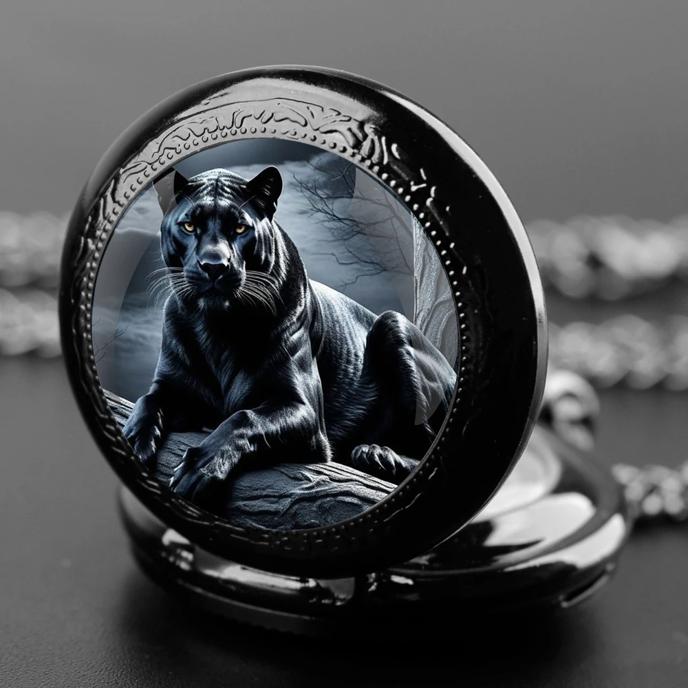 Panther Design Special Gift Glass Dome Arabic Numerals Quartz Pocket Watch Necklace Pendant Clock Chain Men Women Gifts