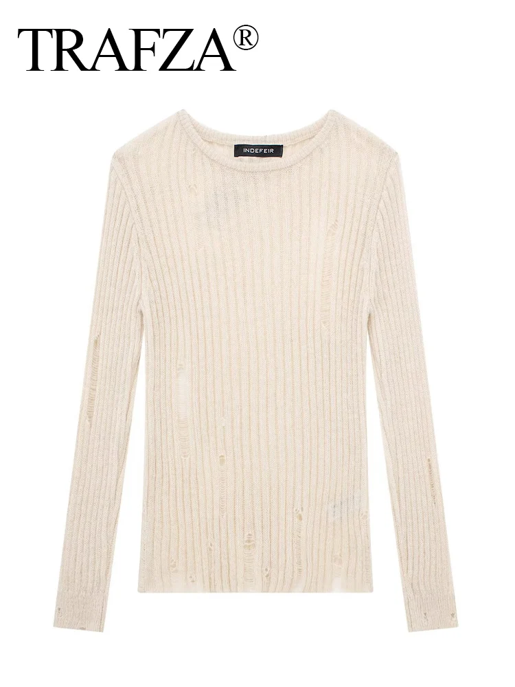 

TRAFZA Women's Autumn New Fashion Crew Neck Sleeveless Slim Knitted Top Female Elegant Pullover Casual Hole Decorative Knitwear