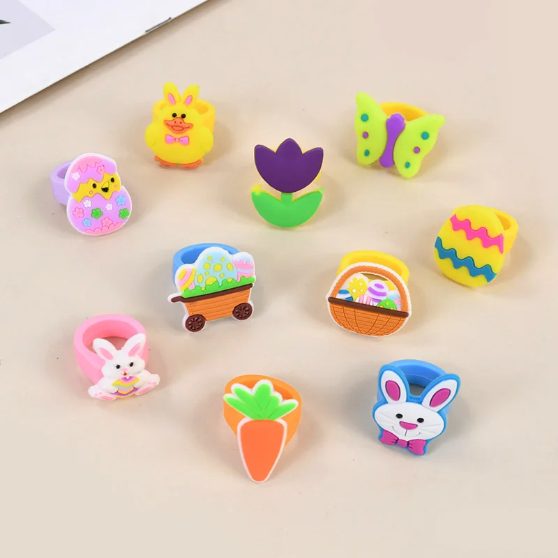 10Pcs Cartoon Rabbit Carrot Eggs Silicone Ring Kids Toy Gift Easter Birthday Party Favors Goodie Bag Pinata Fillers Baby Shower