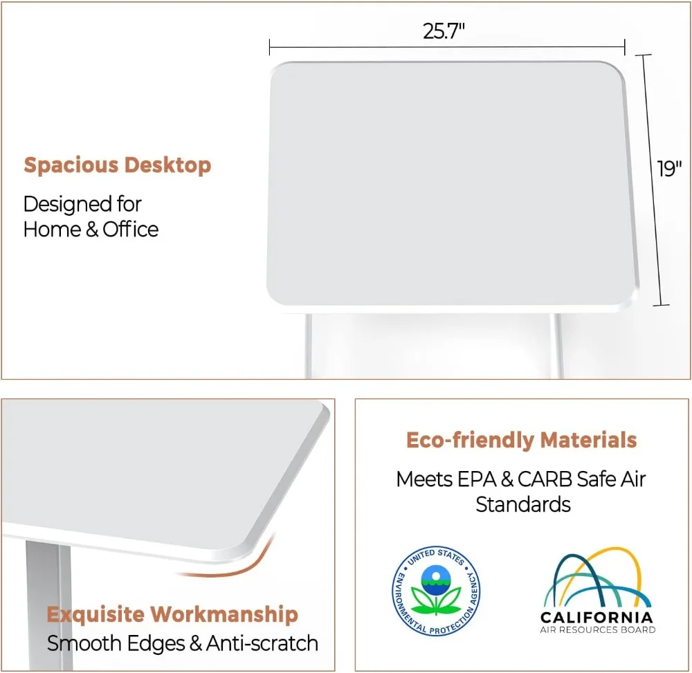 Mobile Standing Desk with Wheels, Adjustable Height Computer Workstation for Home Office, 19 Inch Modern White