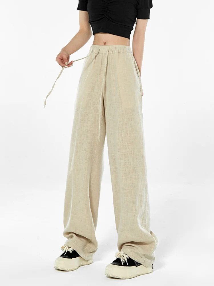 

New 2024 Men's Linen Pants Summer Casual Straight Leg Elastic Waist Ice Silk Long Trousers Cotton Linen Men's Faion Wear