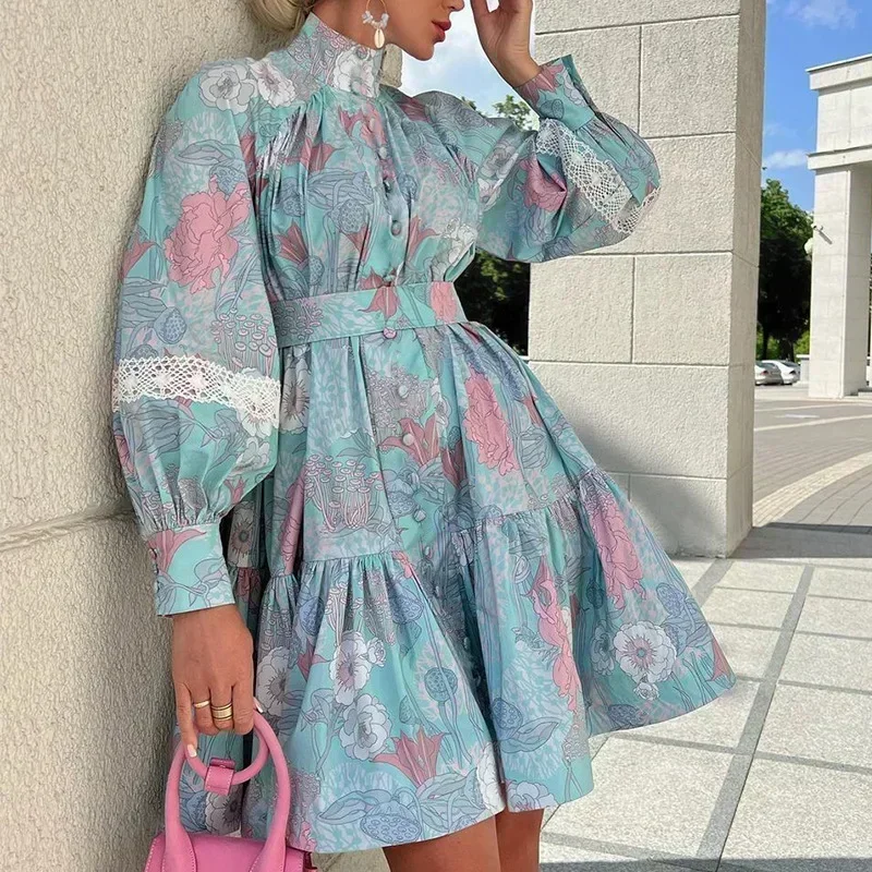 

Women Lantern Sleeve Party Dress High-Waist Floral Print Fashion Elegant Large Swing A-Line Mini Dress Lace Holidy Short Dresse