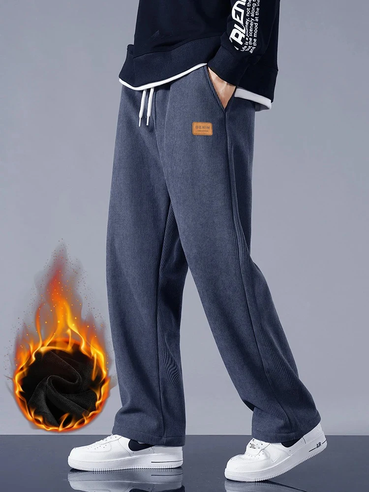 

Corduroy Sweatpants Men Fleece Liner Drawstring Straight Loose Track Pants Male Casual Fleece Thermal Trousers