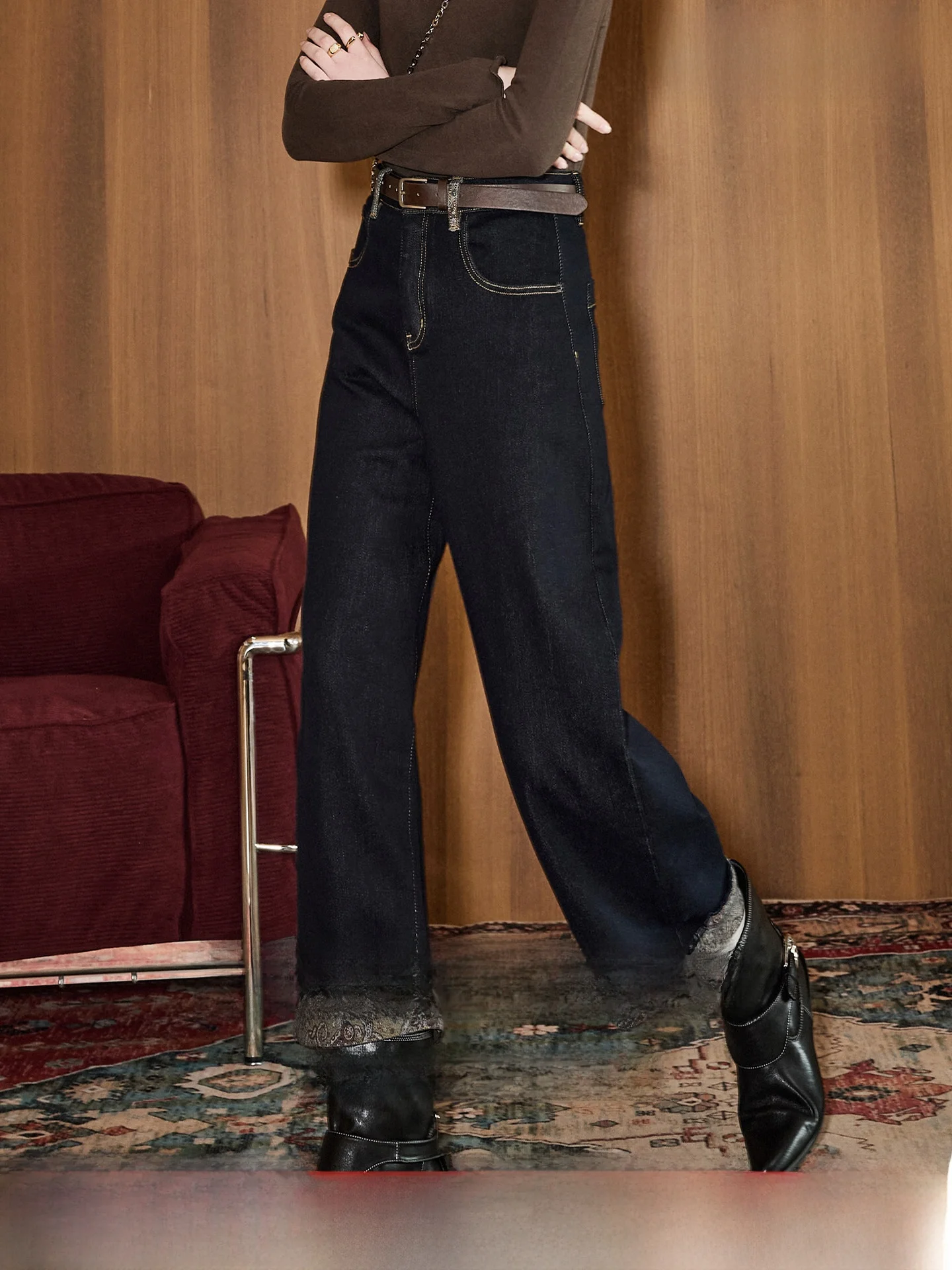 KUHNMARVIN Vintage Deep Blue Straight Leg Casual Jeans Women's Spring 2026 New Roll up Design Comfortable Casual Pants