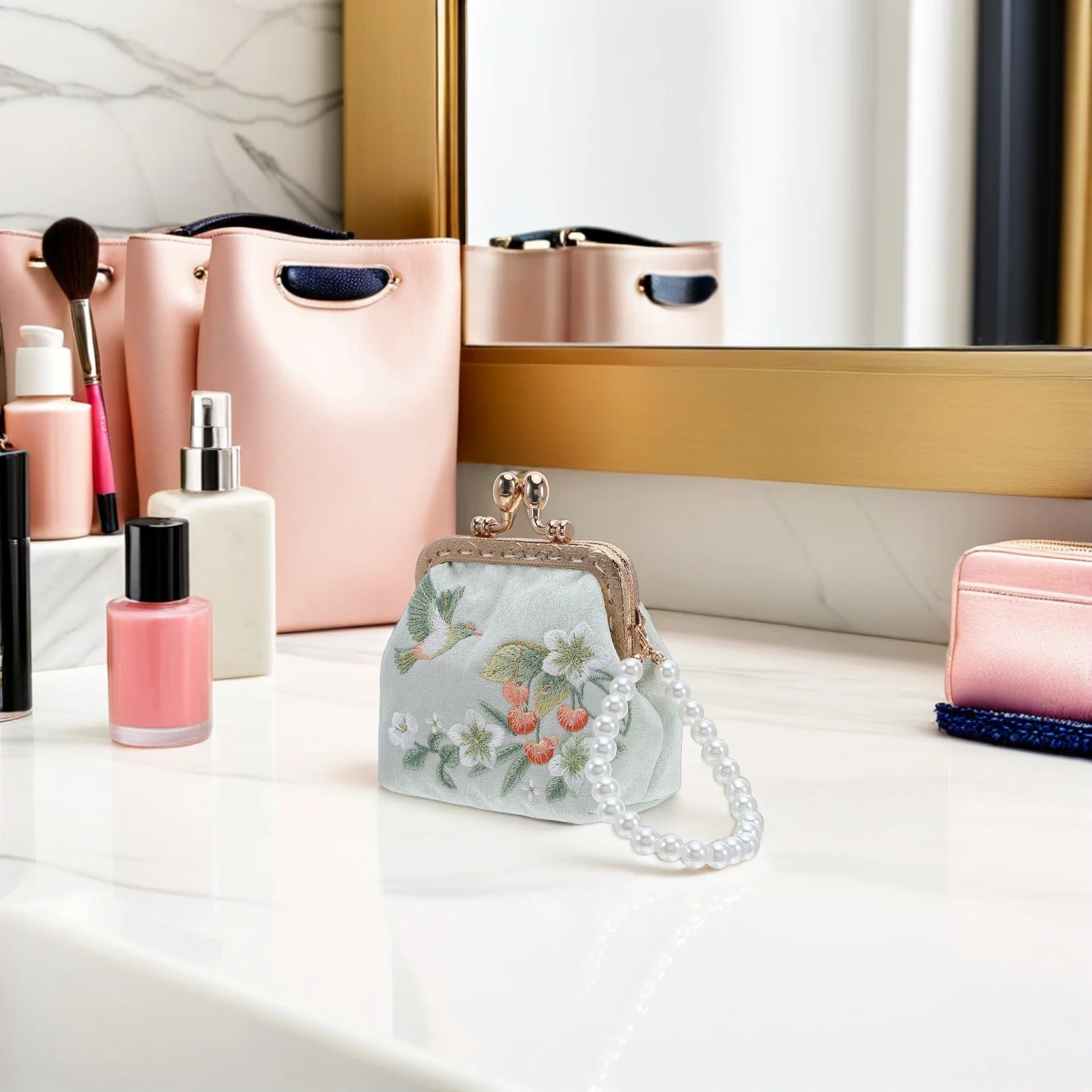 Chinese Traditional Flower Embroidery Wallet Double Clasp Mini Makeup Pouch Pearl Decoration Clutch Purse Women