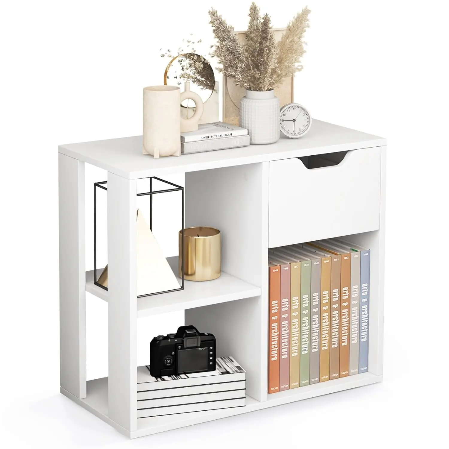

3 Cube Bookcase with Drawer, 2 Tier Bookshelf for Small Space, Modern Freestanding Display Rack with Open Shelves,, Customized