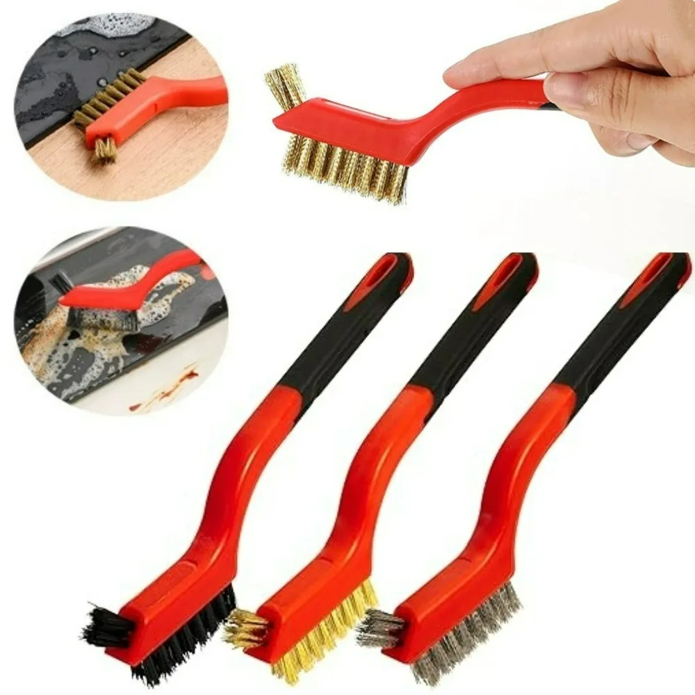 Nylon /Brass/ Wire Brush Kit with Curved Handle Grip for Remove Rust/paint From Metal/wood/grills Polishing gap Cleaning Brush