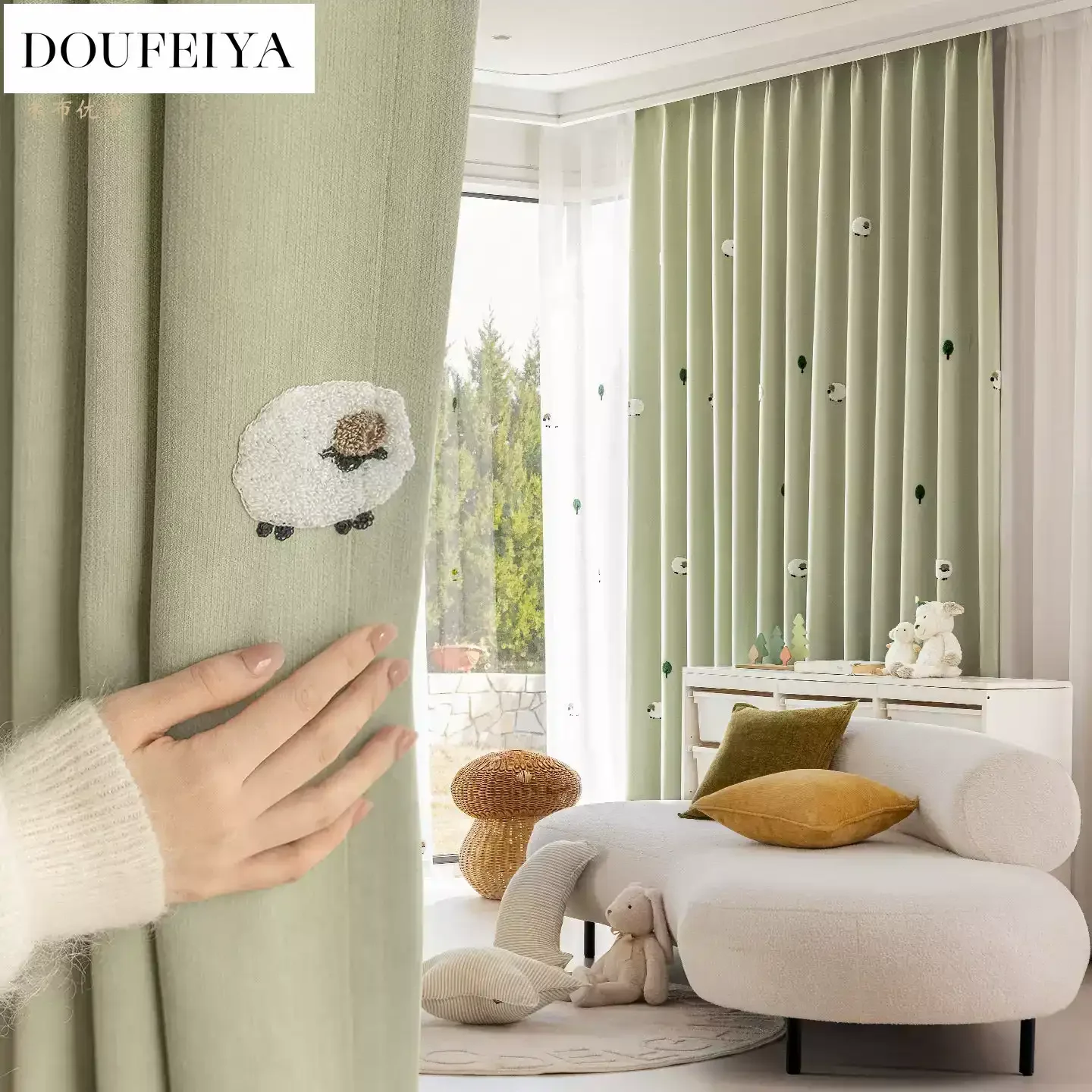 Custom Size Cartoon Lamb Pine Towel Embroidered with Thick Chenille Blackout Window Curtains for Living Dining Room Bedroom