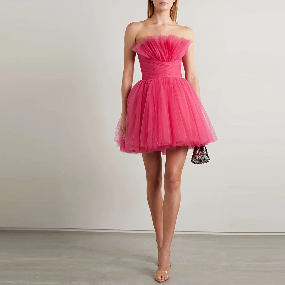

Fashion Sweet Evening Dresses Strapless Pleat Puffy Mini Tutu A-Line Prom Dresses Floor Length Ball Party Evening Banquet Growns