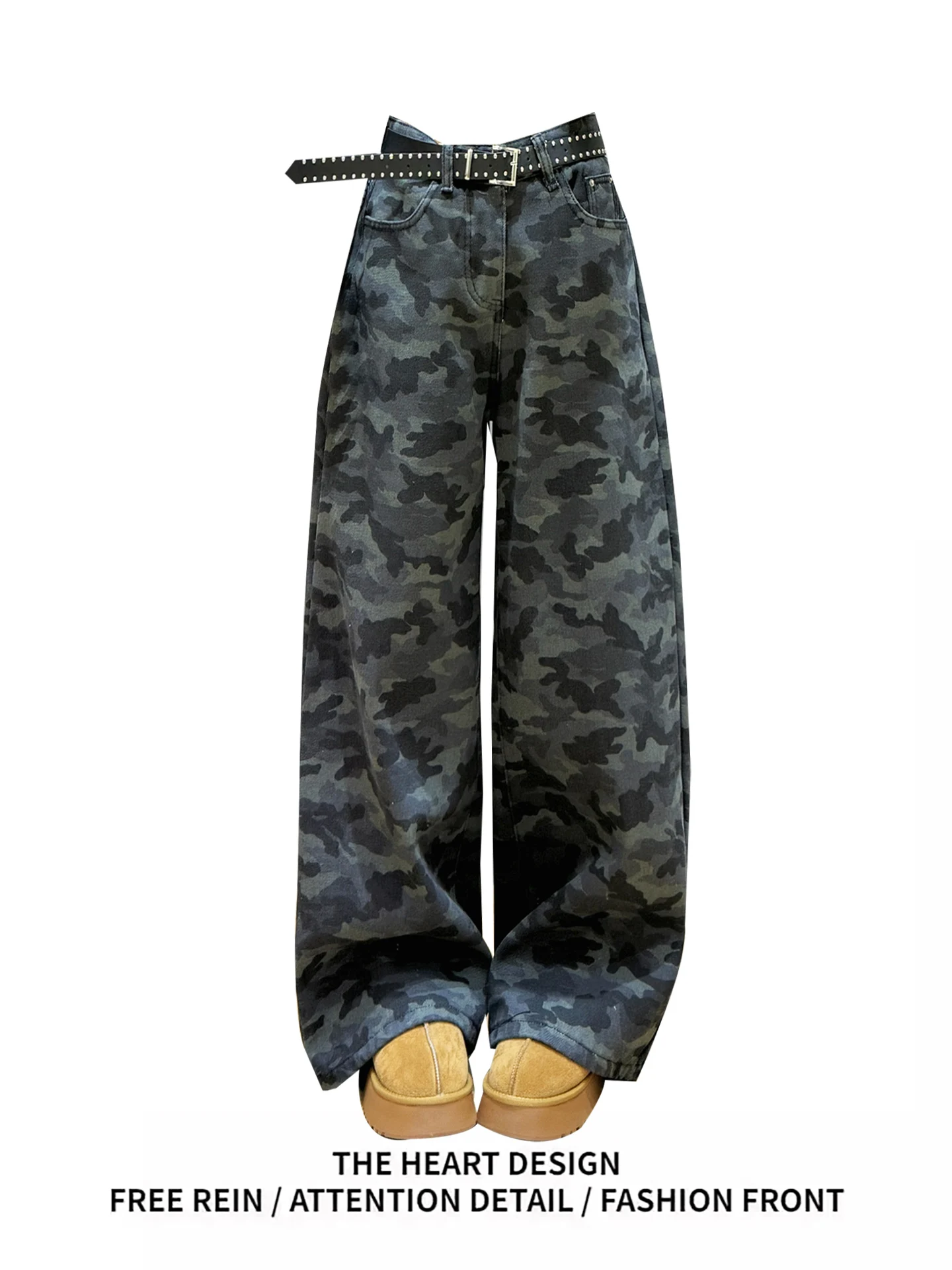 

American Retro Camouflage Workwear Wide Leg Jeans Women's Winter New Sle Slimming Floor-Length Pants High Waist Denim
