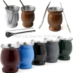 230ml Yerba Mate Gourd Tea Cup Set 12Oz Double-Wall Stainless Steel Coffee Water Cup Bombillas Straws Filter with Spoon&Brush