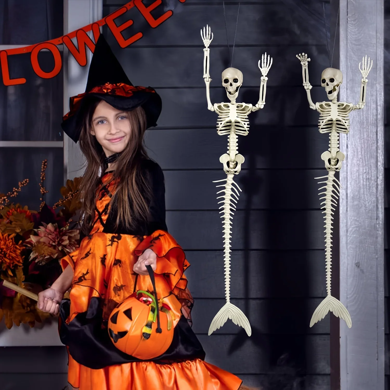 هيكل عظمي للهالوين بمفاصل متحركة ، حورية البحر المخيفة ، الديكور ، منزل مسكون ، لوازم الحفلات ، المقبرة