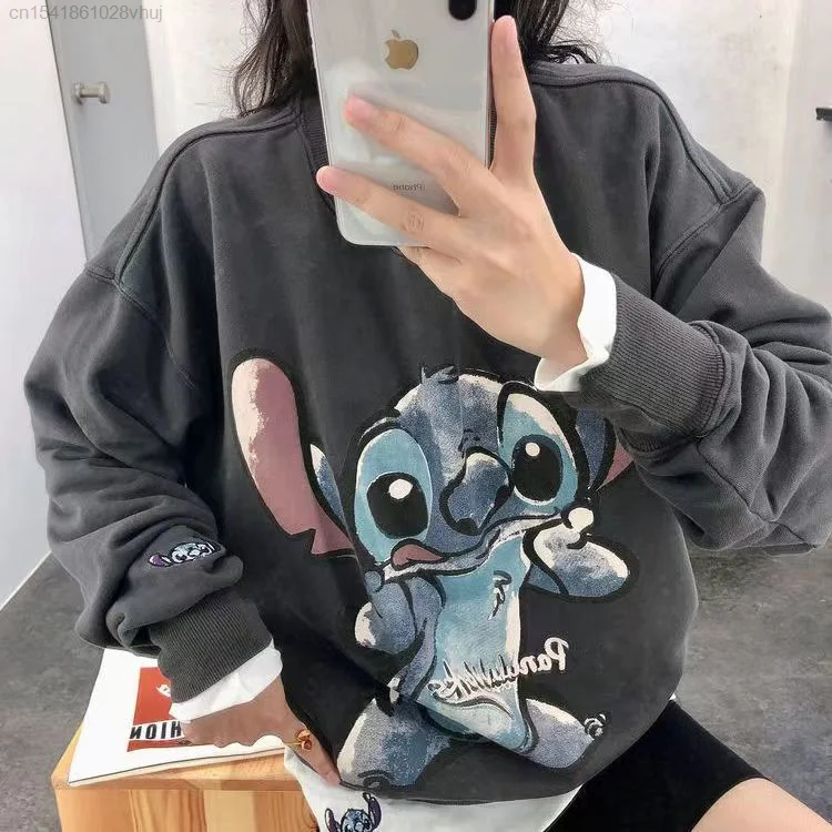 Disney Stitch Y2k Print Hoodie Girls Loose Hip Hop Yk2 Grunge Pullover Top Long Sleeve Streetwear Couple Korean Style Swearshirt