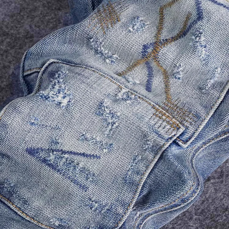 

High Street Designer Fashion Men Jeans Retro Blue Stretch Slim Fit Embroidery Patched Ripped Jeans Men Y2K Vintage Denim Pants