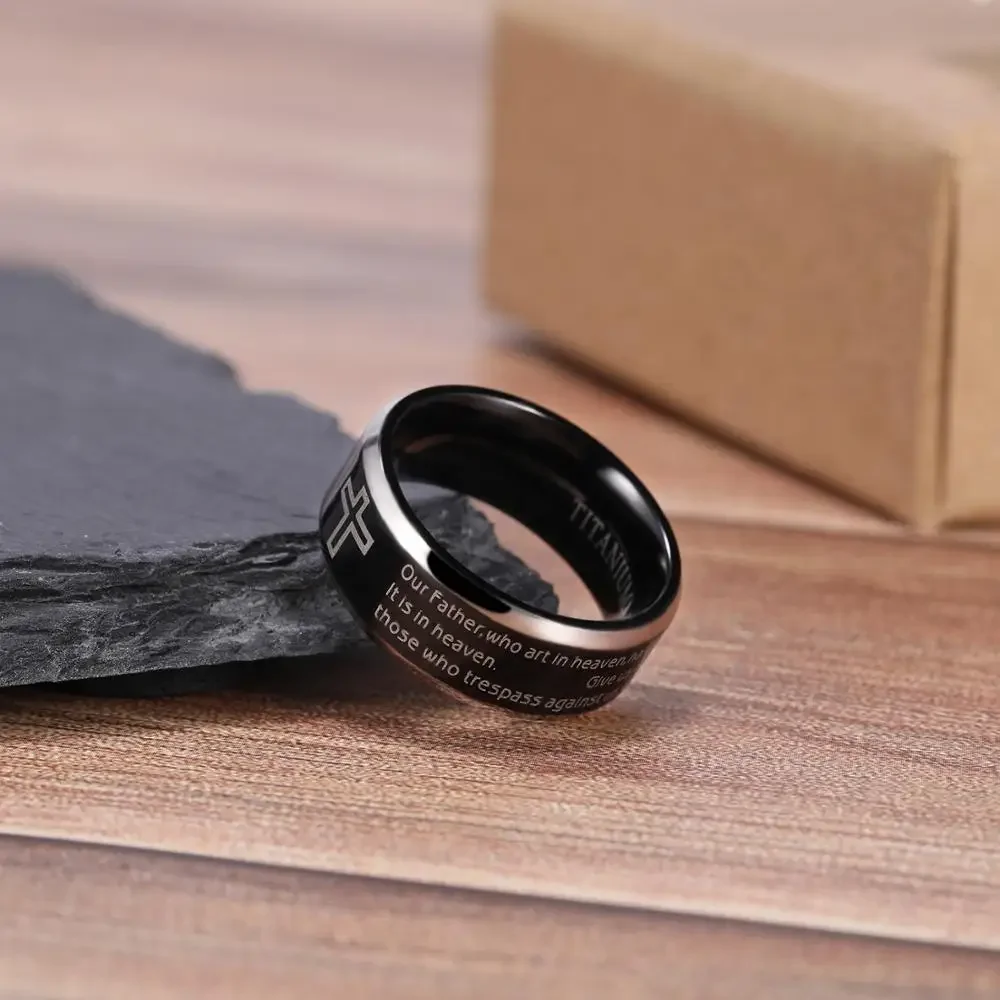 Tigrade Black Ring for Man Woman Titanium Bible Verse Cross Jesus Ring 8mm Wide English Unisex Christian Ring Religious Size5-15