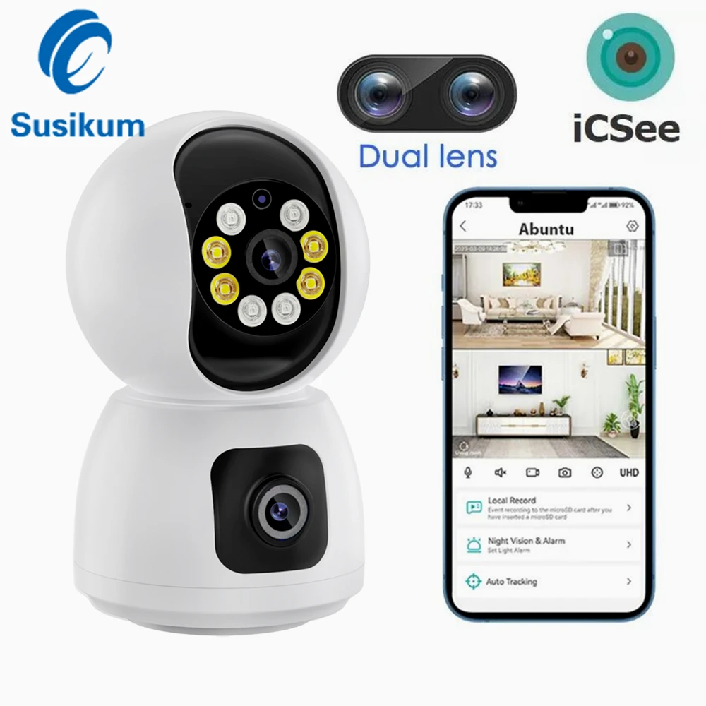 

6MP ICSee Dual Lens WIFI Security Camera Color Night Vision Two Ways Audio Wireless Indoor CCTV Smart Home MINI Camera