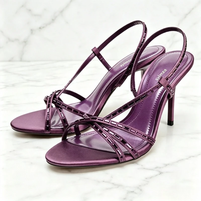 Purple Rhinestone Detail Heeled Sandals Women Sexy Open-toe Cross Tied Slingback Heels Fashion Round-toe Stiletto Designer Shoes