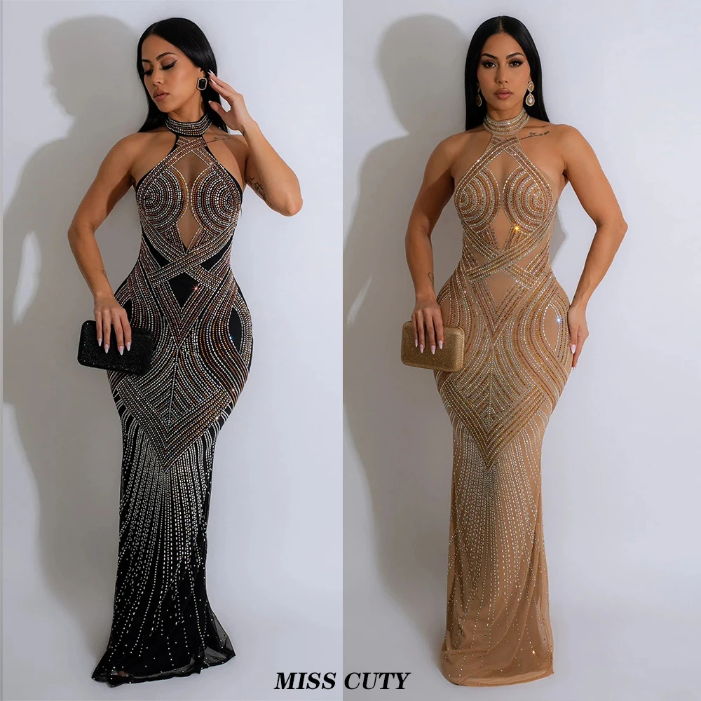 

Rhinestone Maxi Halter Dress Lady Sexy Party Bodycon Evening Dresses Women Winter Elegant Luxury Birthday Mesh Sheer Dresses