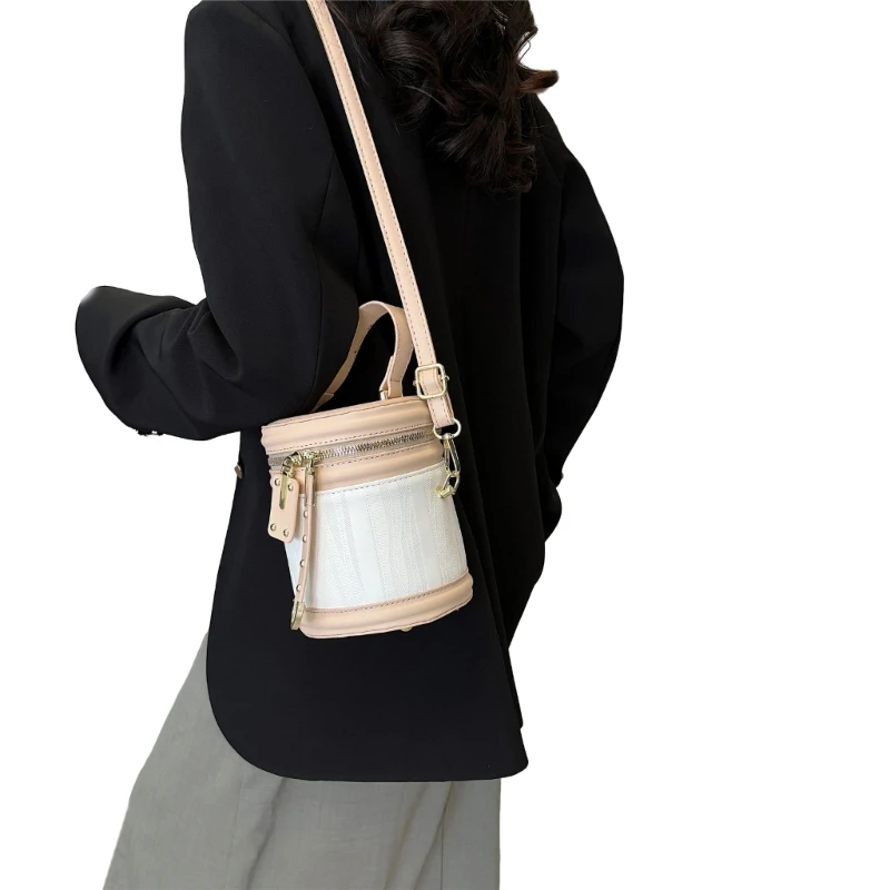 Women PU Leather Crossbody Round Bucket Bag with Double Metal Zipper Top Handle