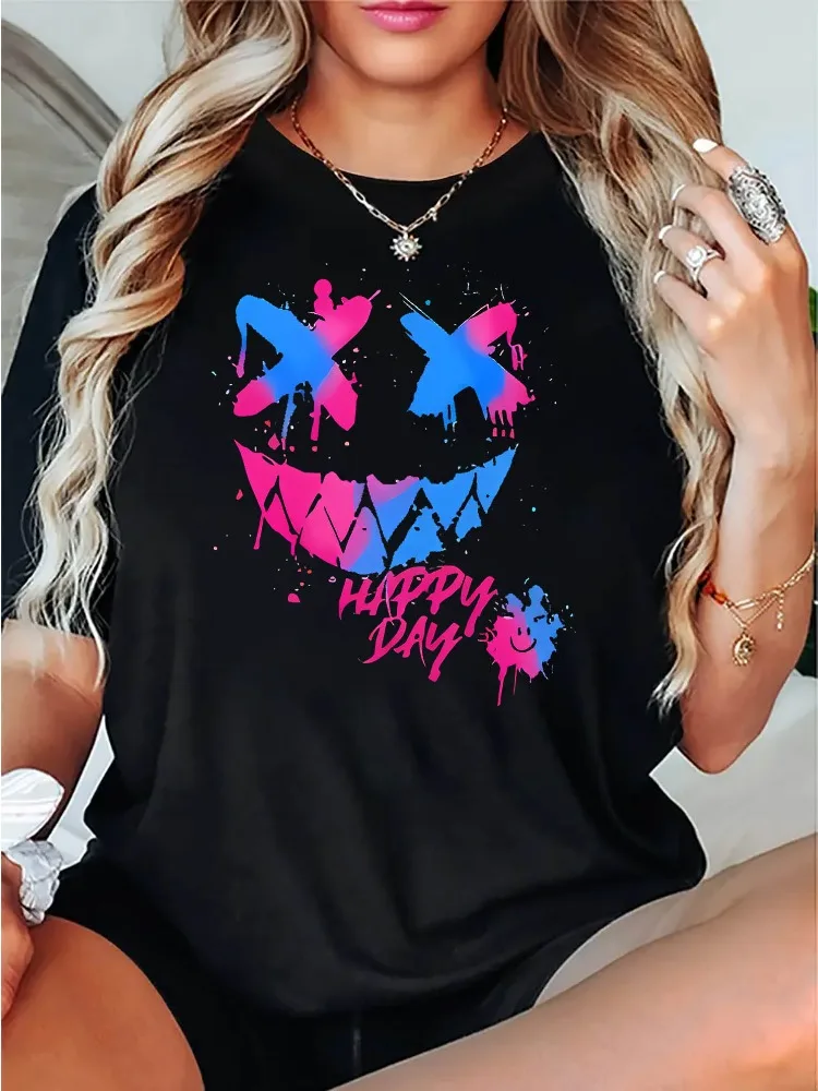 

Women's Fashion Happy Face Pattern T Shirt Casual Sports Short Sleeve Summer Comfortable Top Bright Pink and Blue Designs