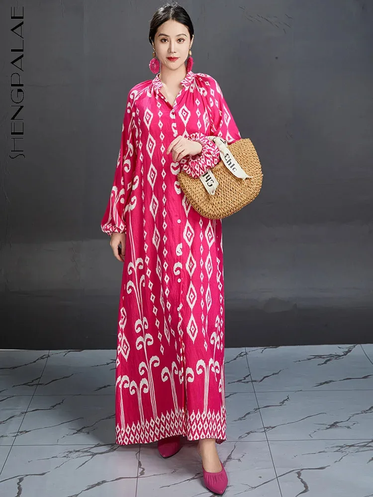 SHENGPALAE 2024 Summer New Women\'s Dress Loose Printed Collar Pattern Elegant Straight Tube Oversize Robe Female Dresses 5C1408