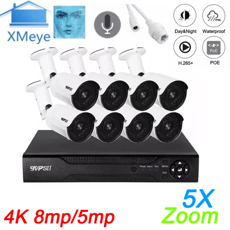 

Infrared 4K 8MP Sony IMX415 H.265+ 5X Zoom IP66 Metal ONVIF Face Detection Audio 8CH 8pcs POE IP CCTV Camera DVR NVR Kits System