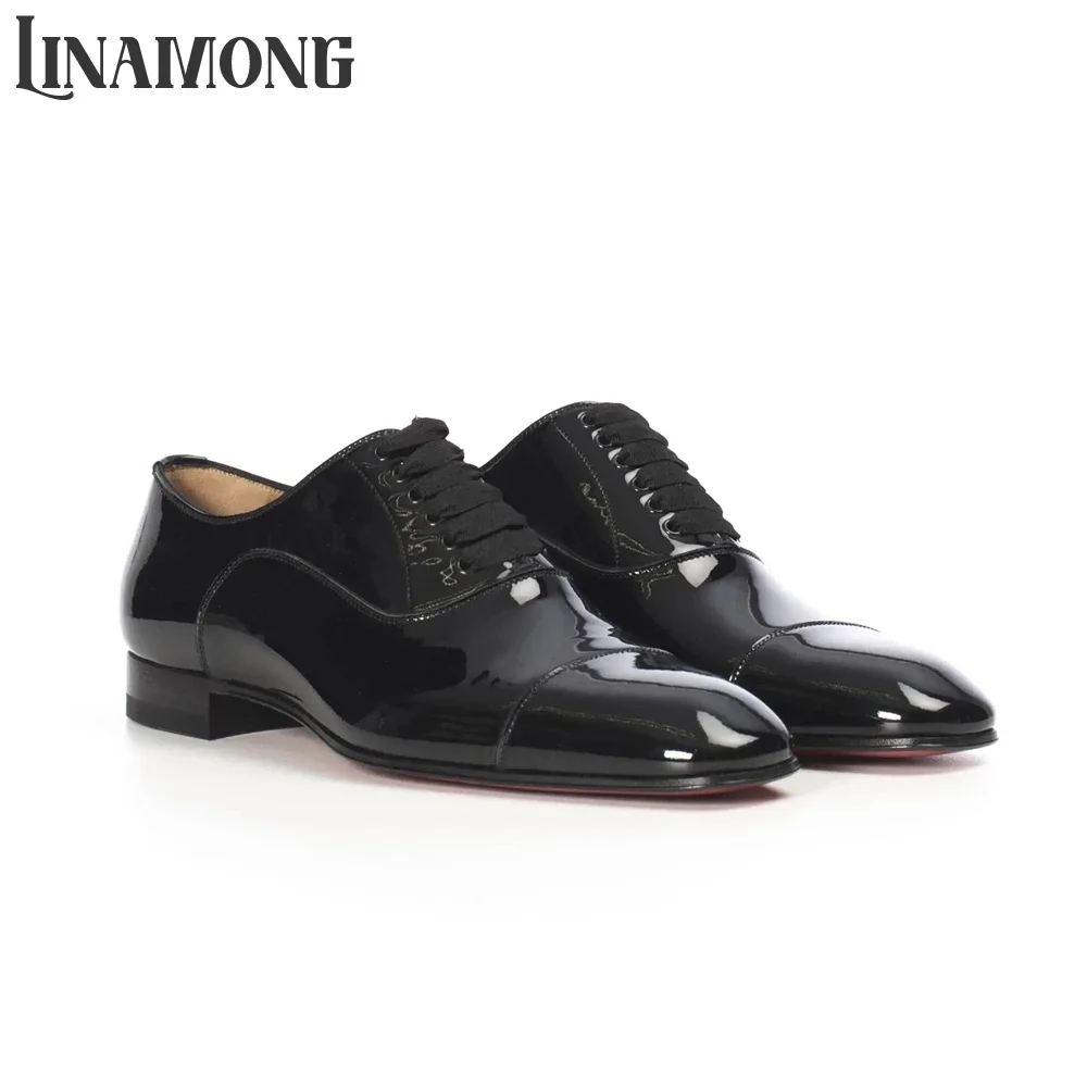 

Black Patent Leather Oxford Shoes Paneled Almond Toe Lace up Dress Shoes Handmade Wedding Shoes Elegant Banquet Leather Shoes
