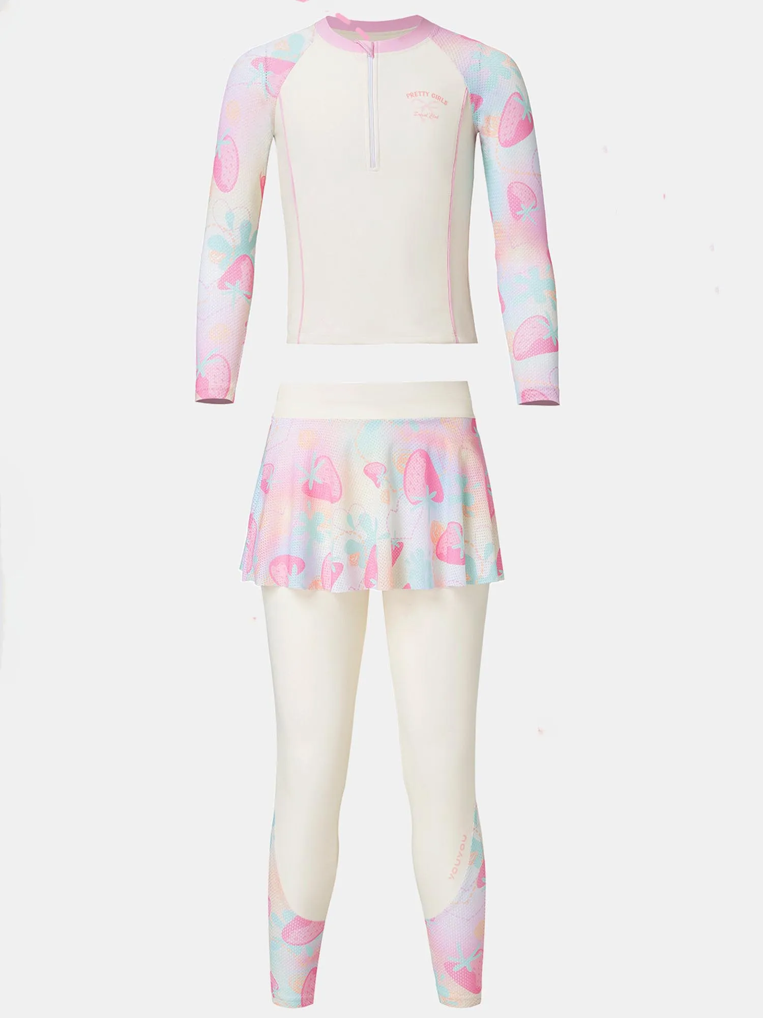 

Girls Printed Rash Guard 3 Pieces Long Sleeve Half Zip Top Long Pants Skirt Set Stretchy Sun Protection for Pool Hot Spring