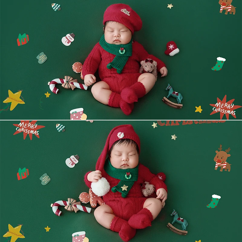 

Christmas Newborn Photography Outfit Red Knitted Romper +Beret/Pom-pom Hat +Green Scarf Thanksgiving Festive Baby Photo Costumes