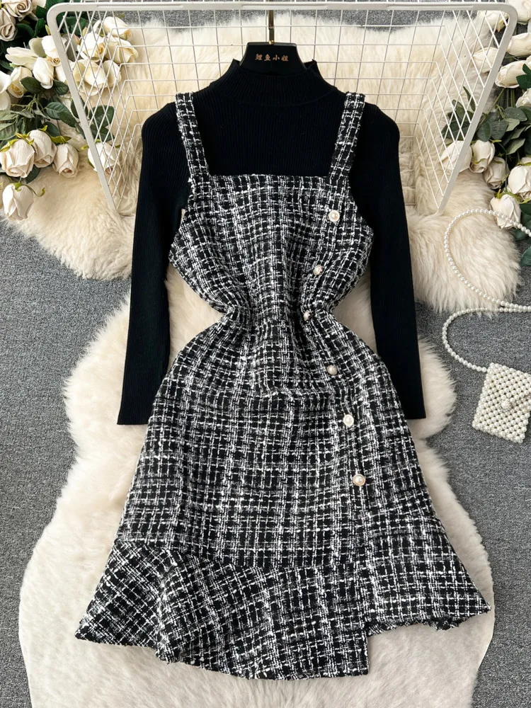 Autumn Korean Fashion Women\'s 2 Piece Sets Dress Suits White Stretch Sweater And Tweed Strap Mini Dresses Femme Outfits 2023