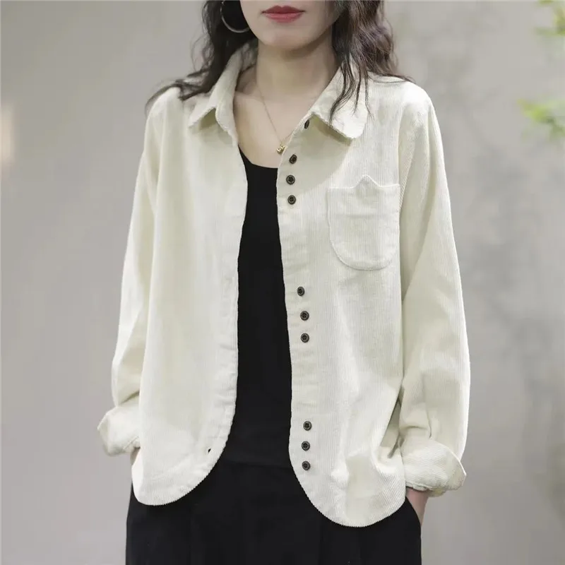 High Quality Spring Autumn New Vintage Corduroy Shirt Coat Loose Women's Long Sleeved Shirt Top Single Breasted Casual Jacket