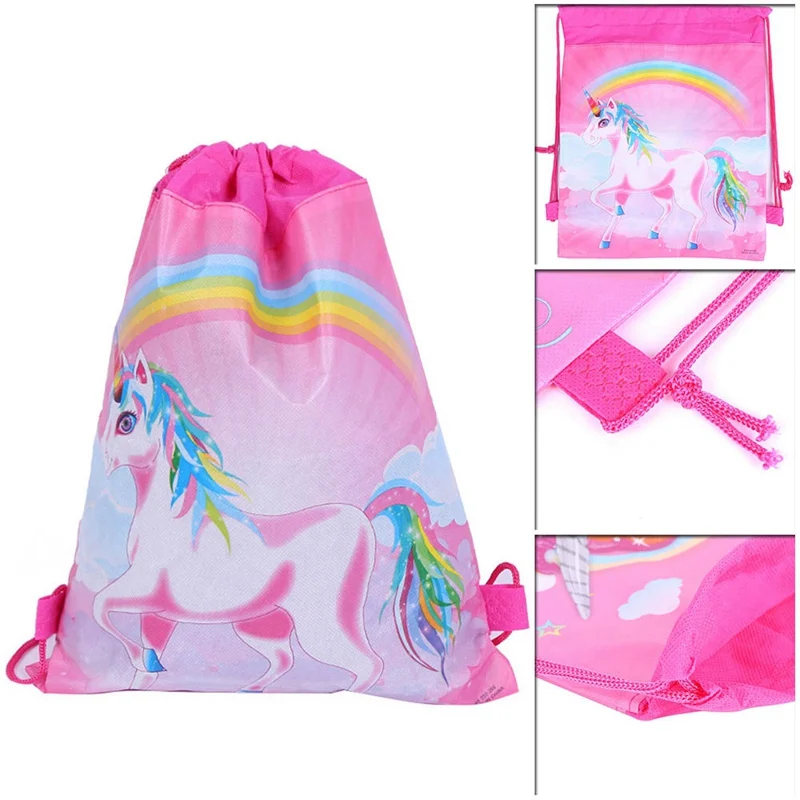 Mochila infantil impermeável com cordão, sacos escolares de unicórnio dos desenhos animados, saco de lona colorida, crianças